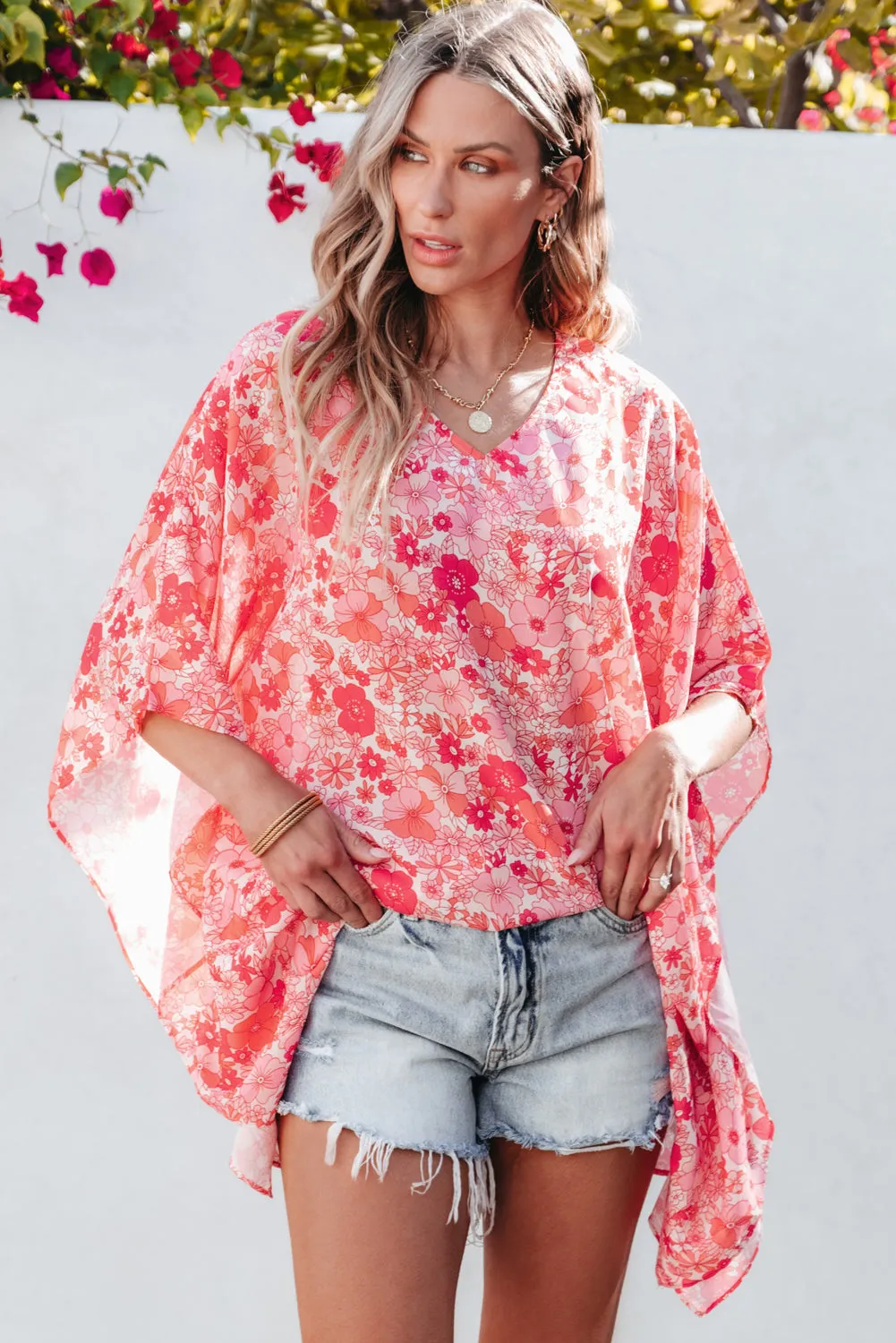 Boho Floral V Neck Kimono Style Blouse