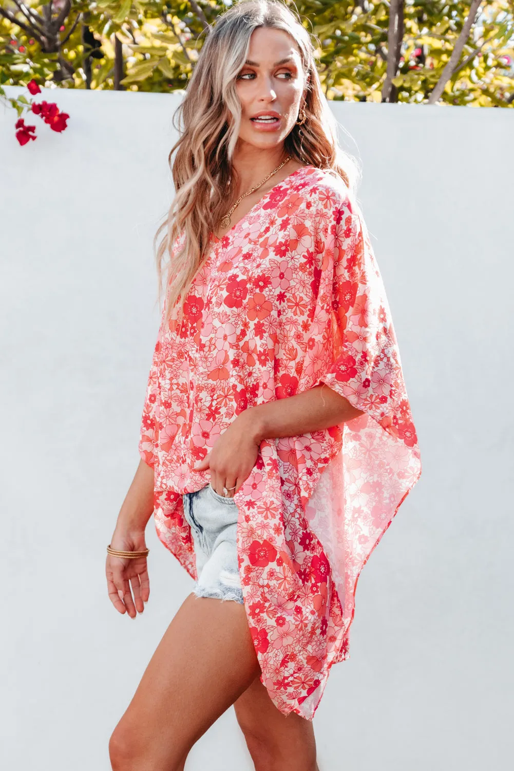 Boho Floral V Neck Kimono Style Blouse