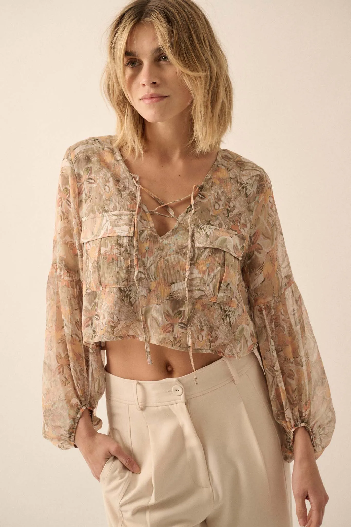 Bouquet by Me Floral Chiffon Cropped Peasant Top