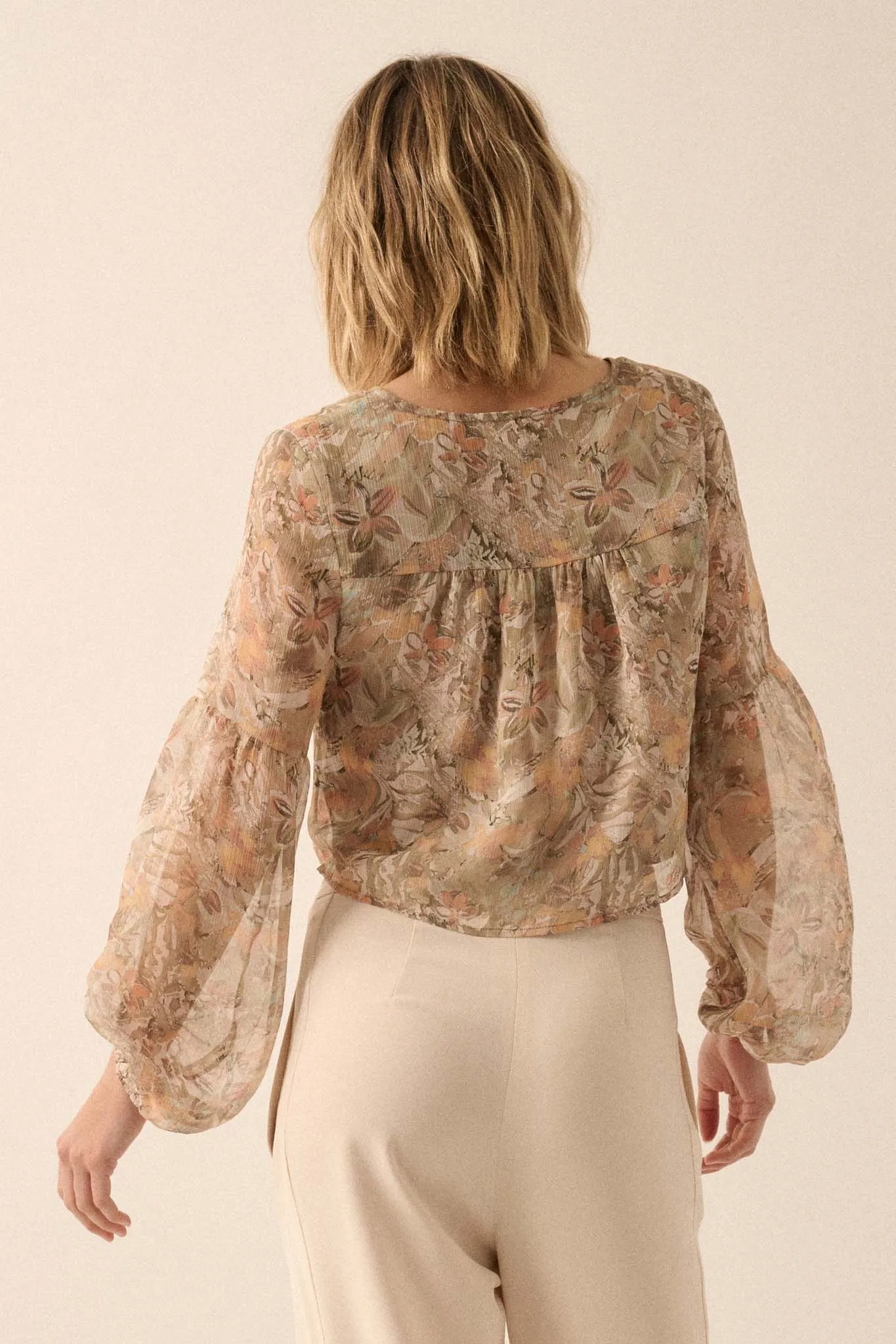 Bouquet by Me Floral Chiffon Cropped Peasant Top