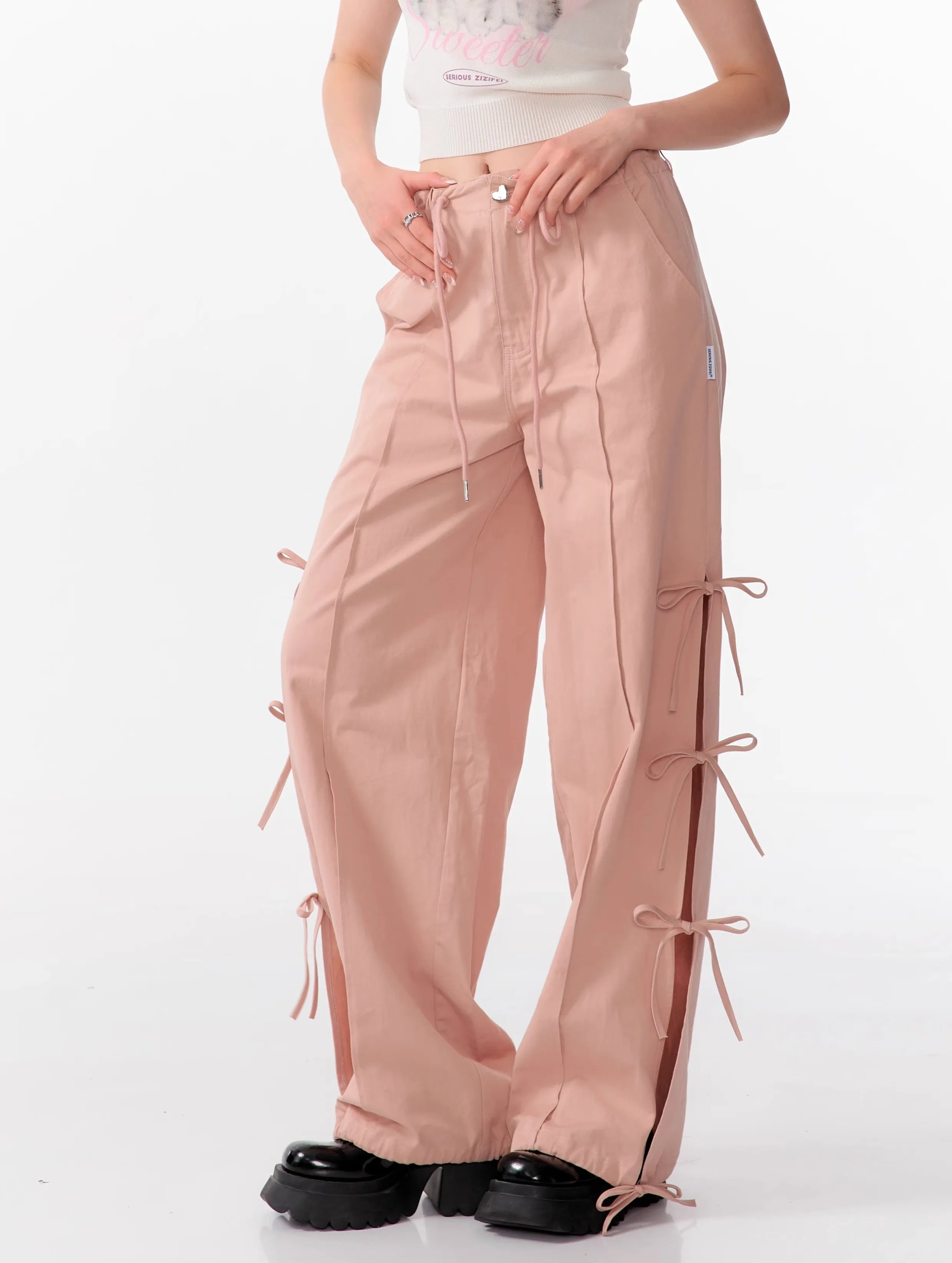 Bow High Waist Slim Straight Wide Leg Casual Pants ZIZ0104