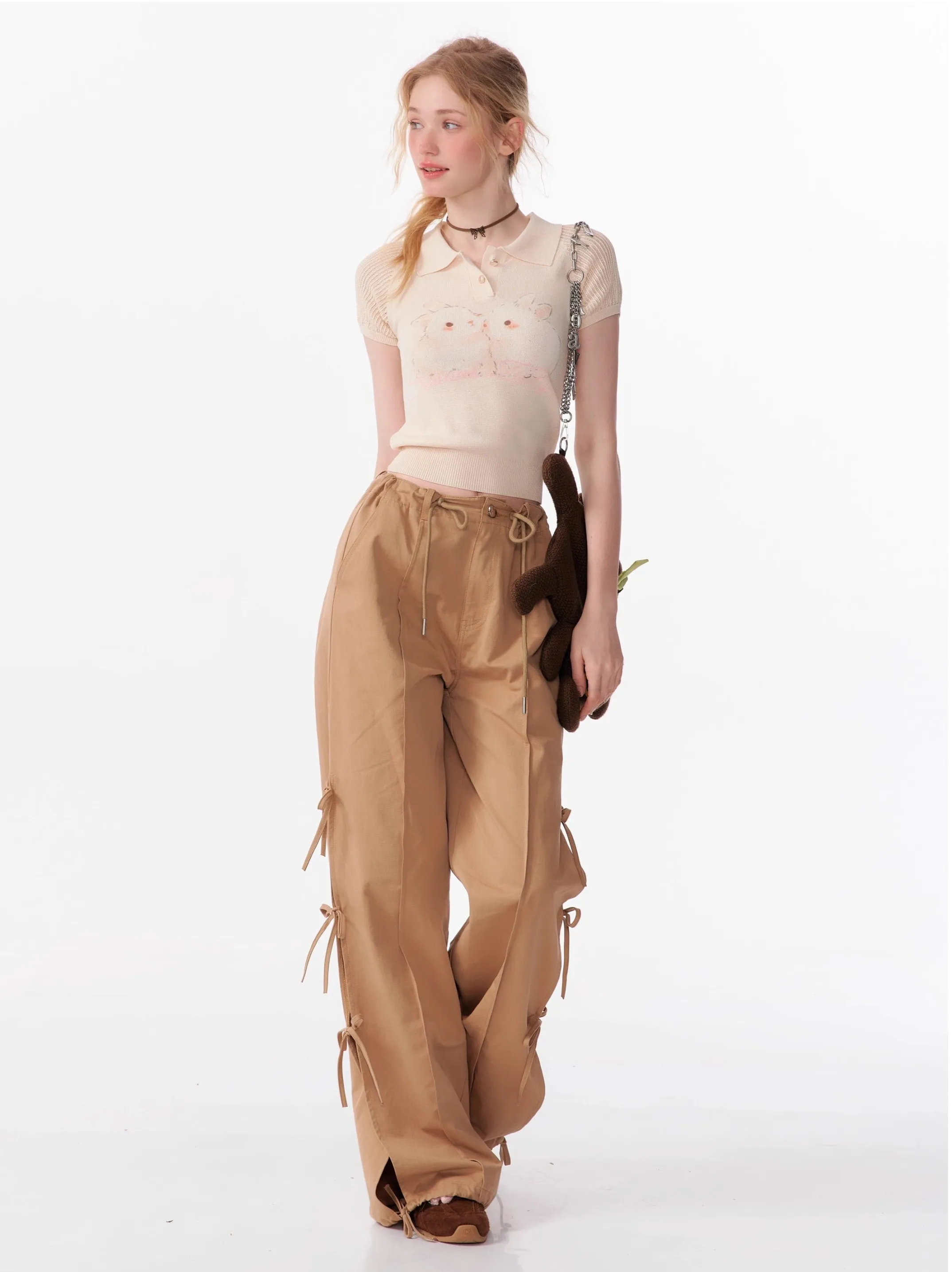 Bow High Waist Slim Straight Wide Leg Casual Pants ZIZ0104