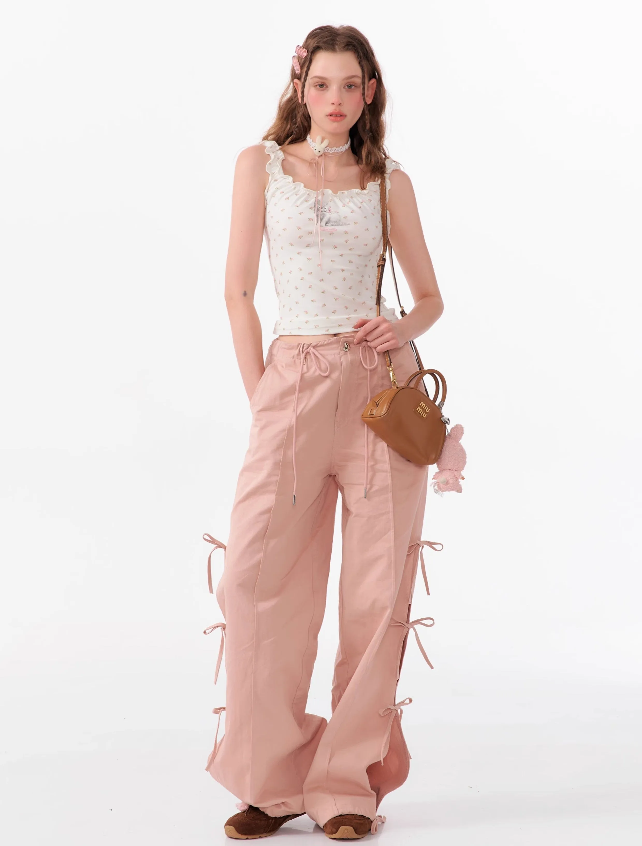 Bow High Waist Slim Straight Wide Leg Casual Pants ZIZ0104