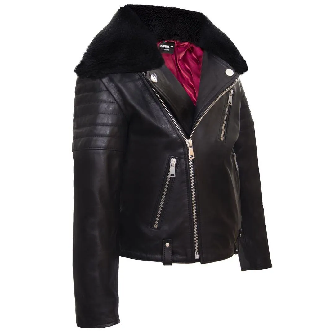 Boys Kids Real leather Biker Style Jacket Brando Cross Zip Black Fur Collar