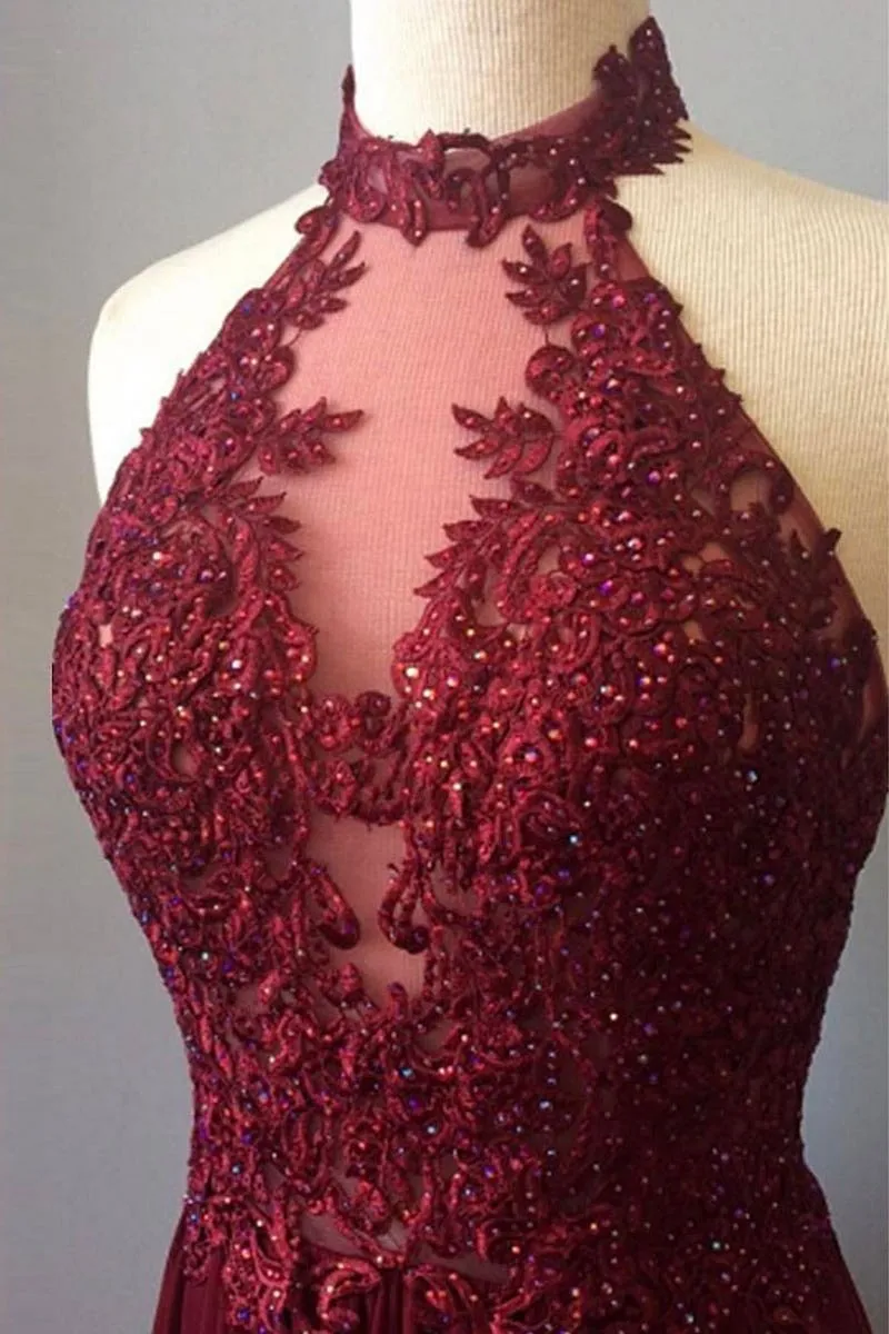 Burgundy Chiffon Prom Dress Lace High Neck Prom Dress #ER140