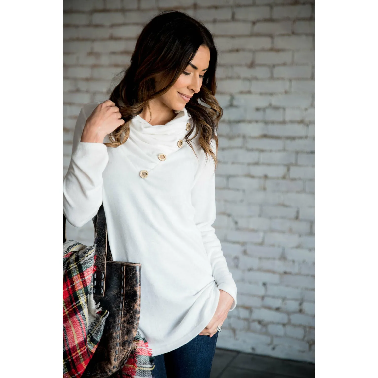 Button Cowl Neck Sweater