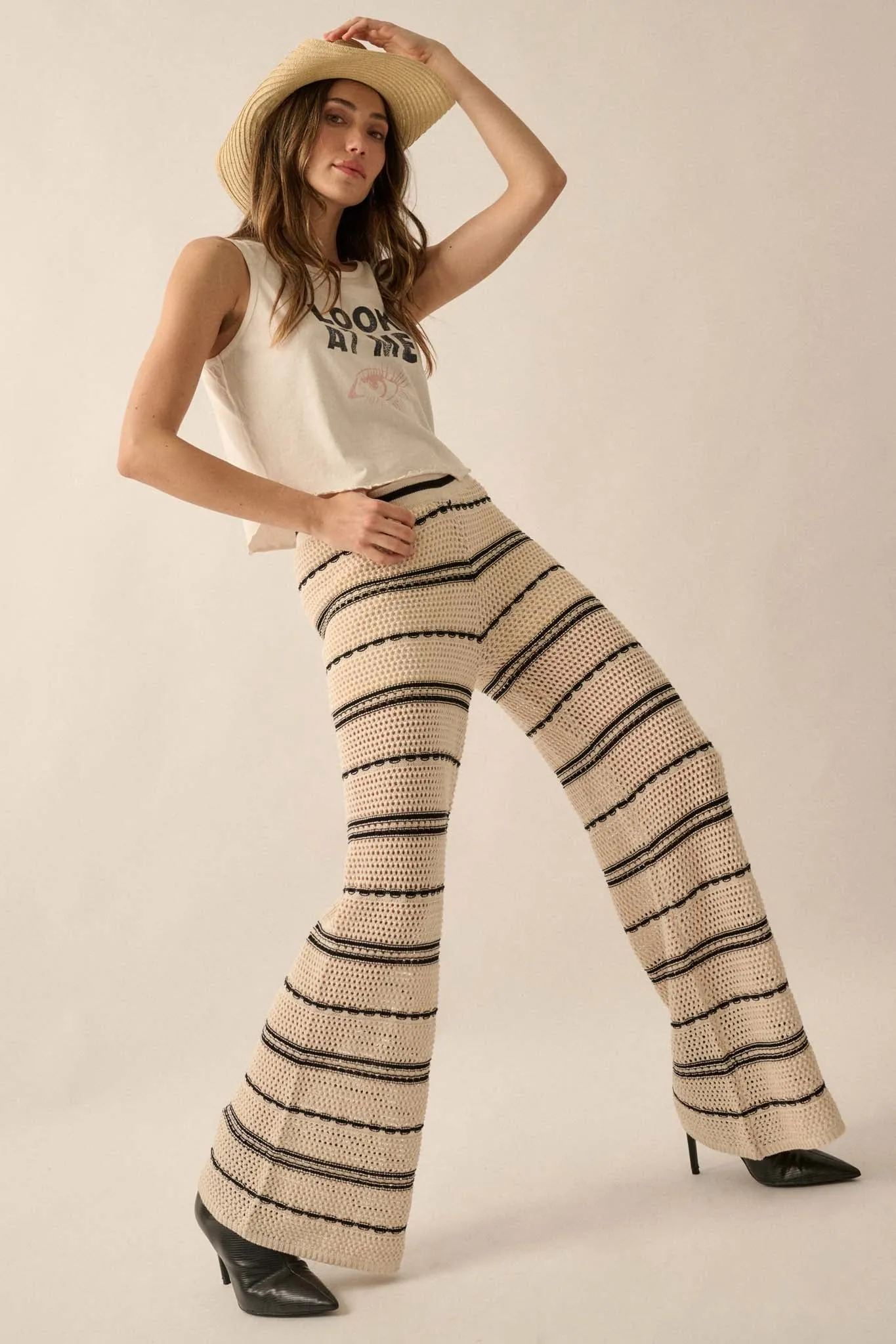 Cali Vibes Striped Crochet Knit Sweater Pants