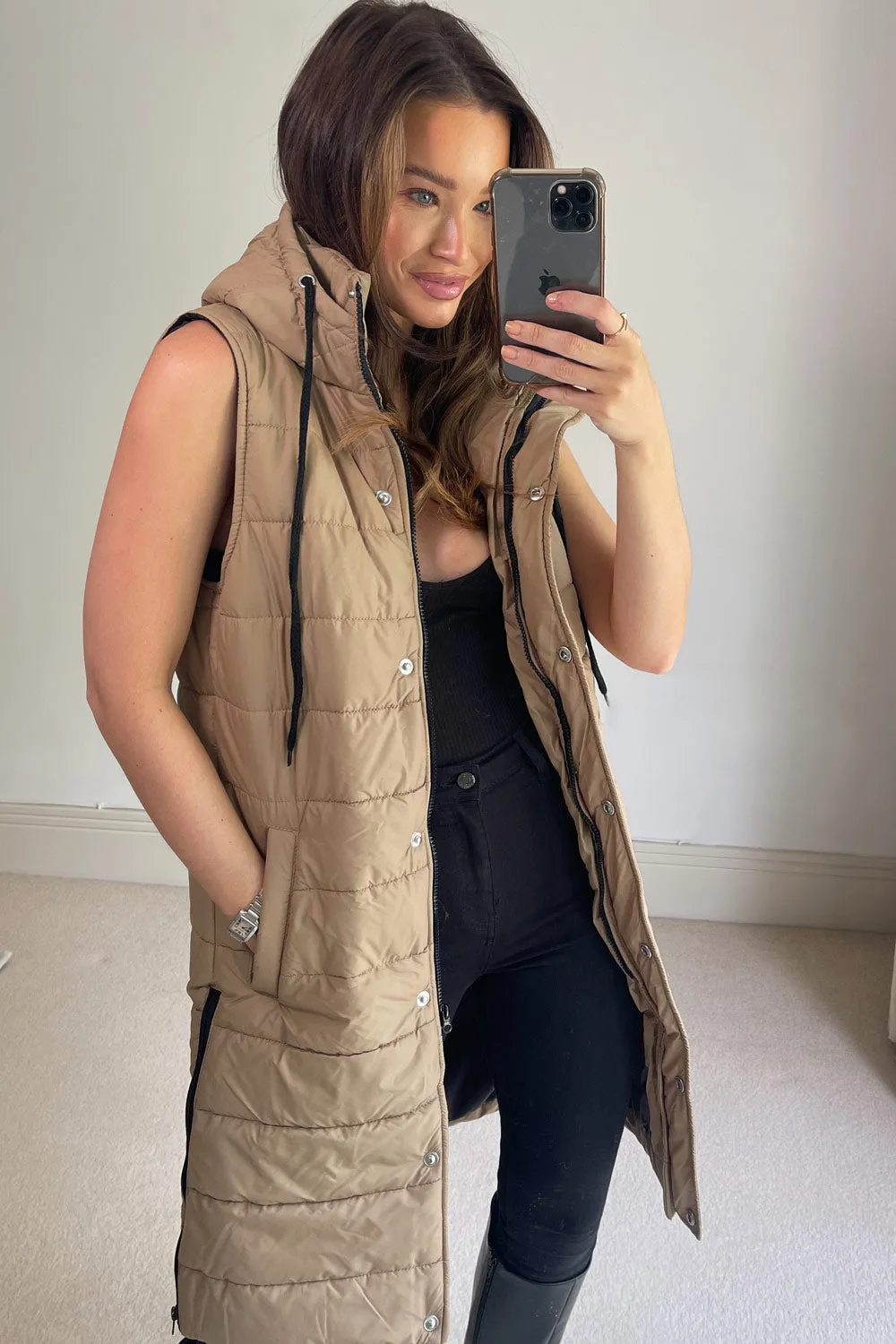 Camel Padded Longline Hooded Gilet