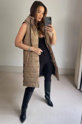 Camel Padded Longline Hooded Gilet