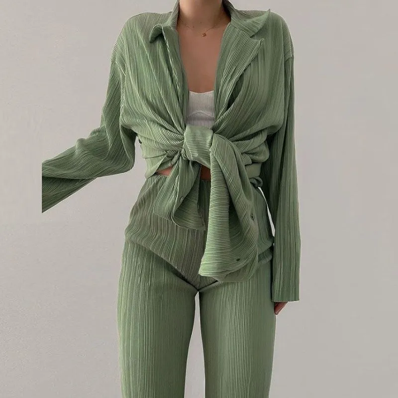 Casual Loose Pleated Collared Shirt And Wide Leg Trousers Loungewear Set