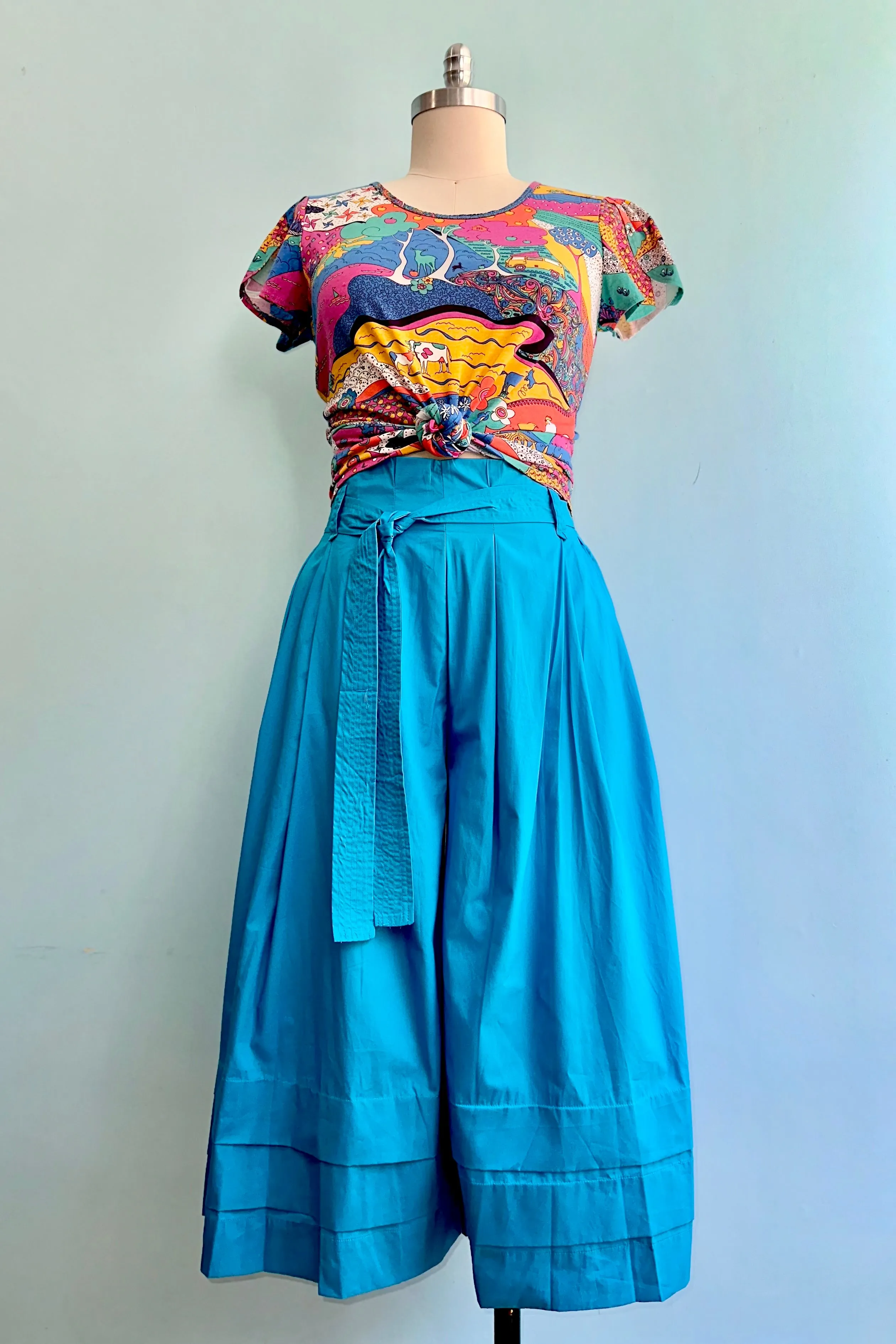 Cerulean Pin Tucked Wide Leg Gaucho Pants