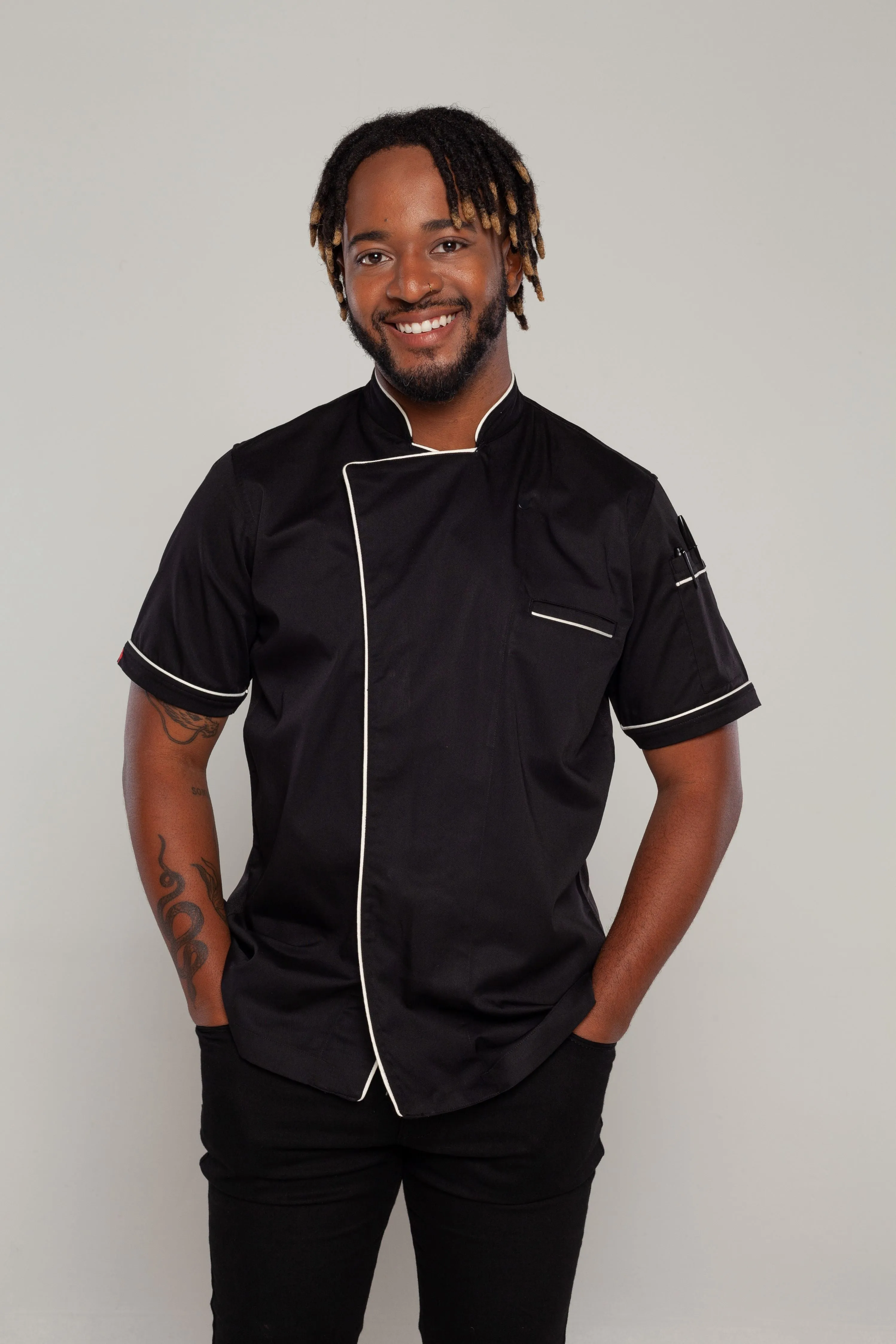 Chef jacket black with white trim and coolvent Bridge