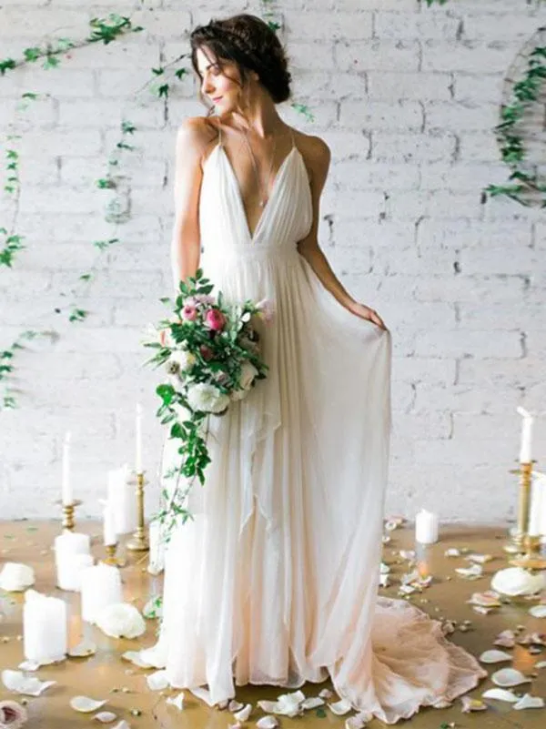 Chic Chiffon Ivory Wedding Dress V Neck Cheap Wedding Dress #ER157