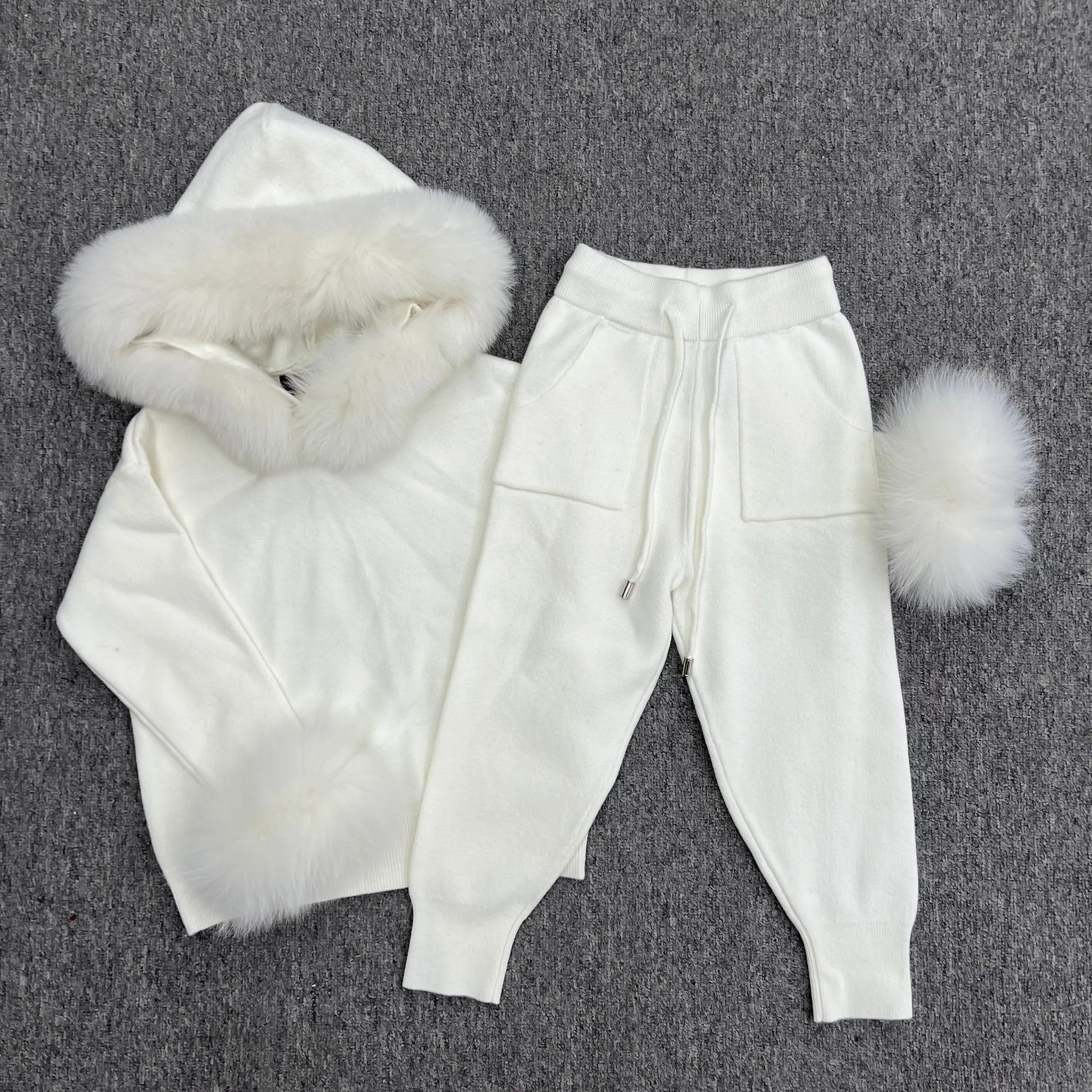 Childrens Cream Luxury Fur Trim Hood & Cuff Tracksuit