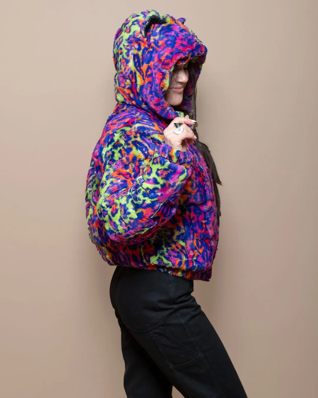 Classic Women's Hooded Puffer Jacket | Neon Disco Kitty