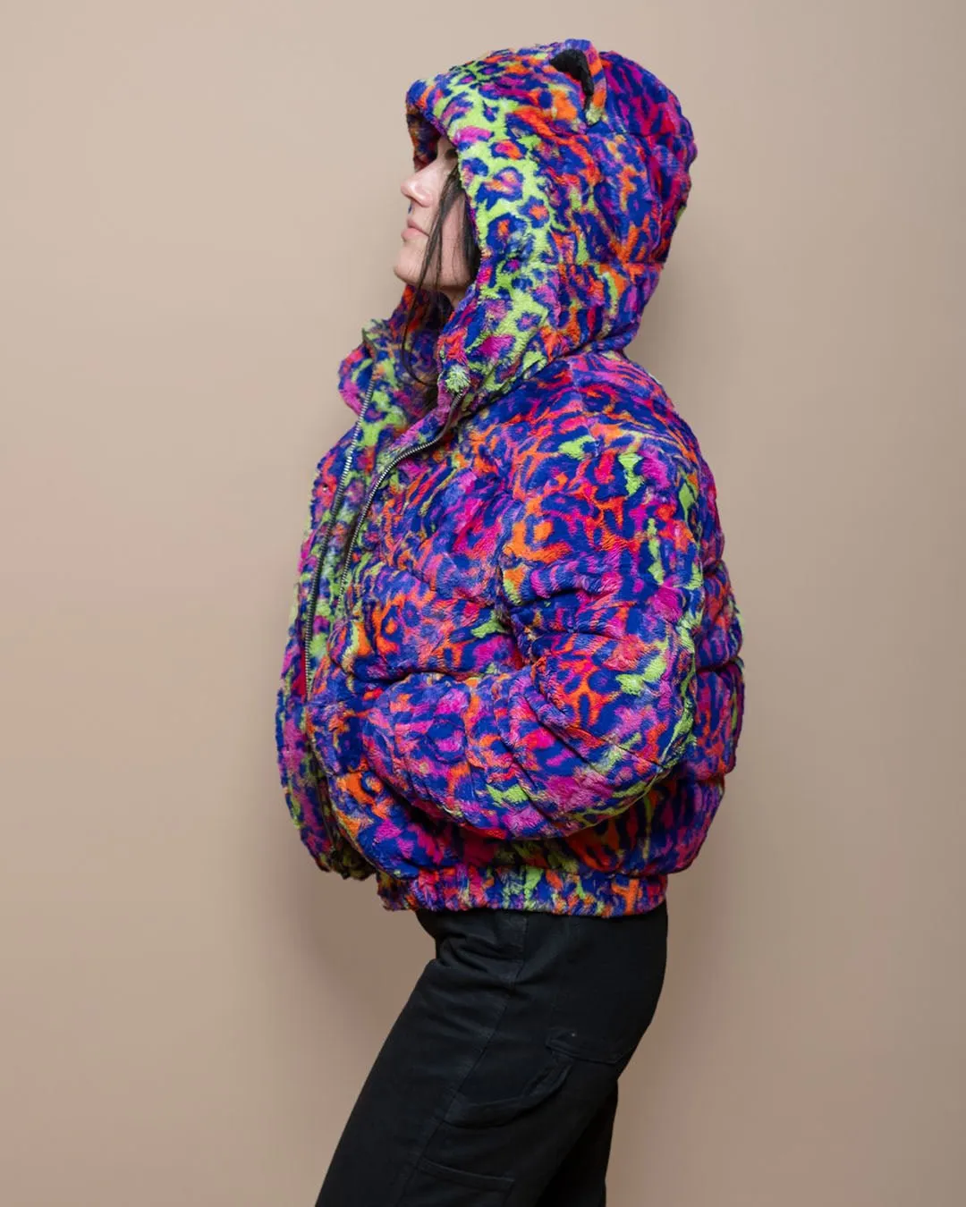 Classic Women's Hooded Puffer Jacket | Neon Disco Kitty