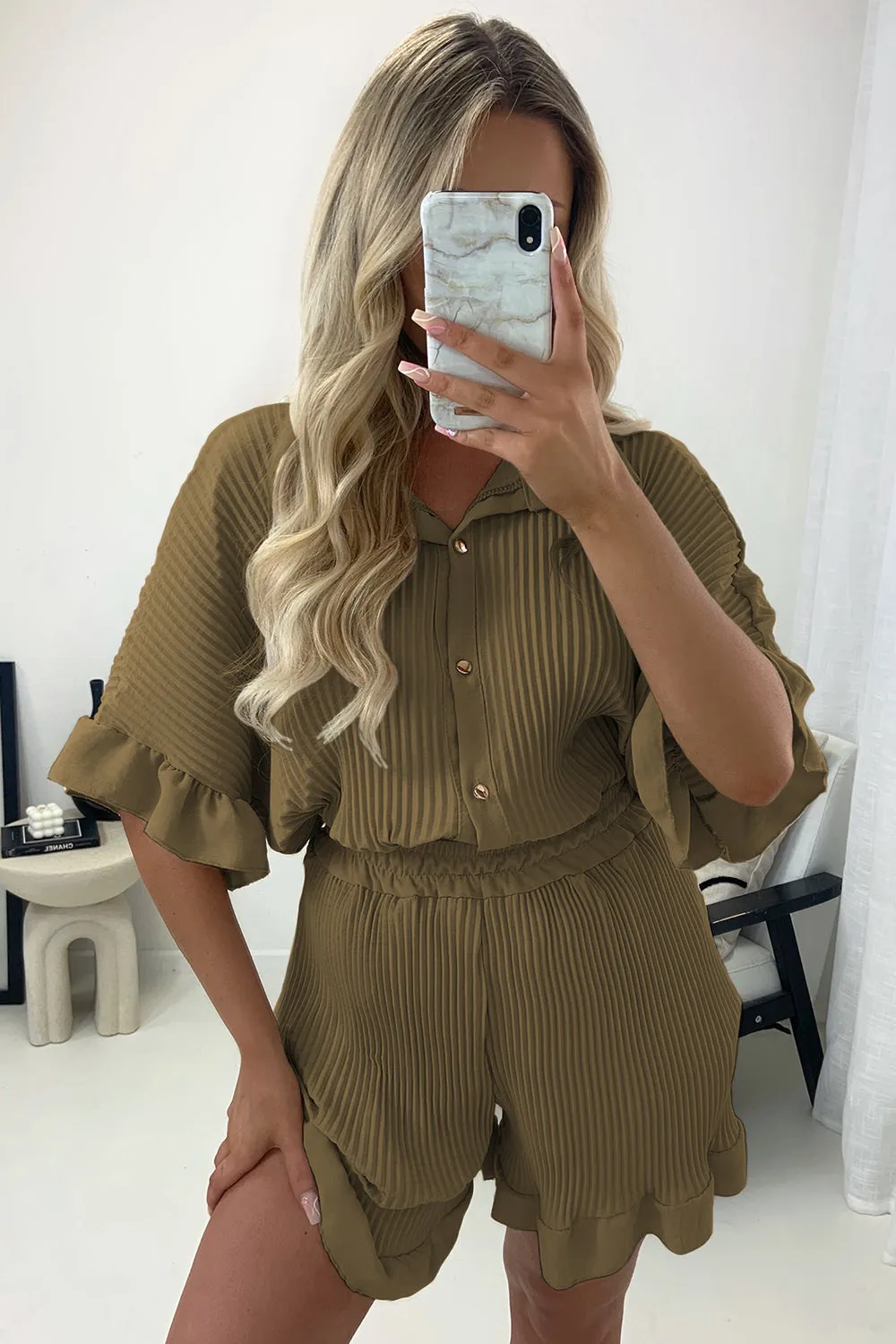 Colette Dark Beige Plisse Pleated Frill Hem Shirt and Shorts Co-Ord Set