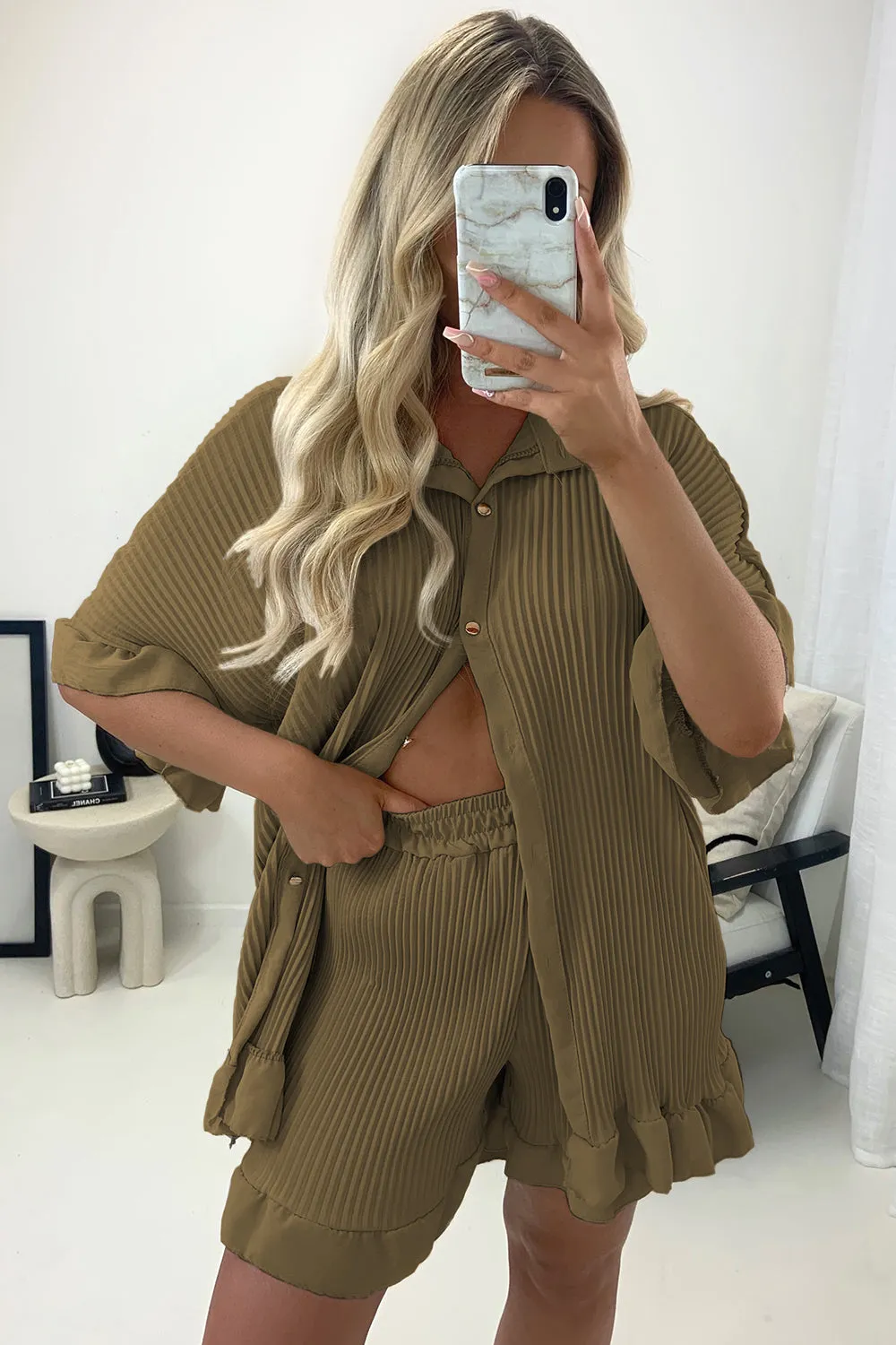 Colette Dark Beige Plisse Pleated Frill Hem Shirt and Shorts Co-Ord Set