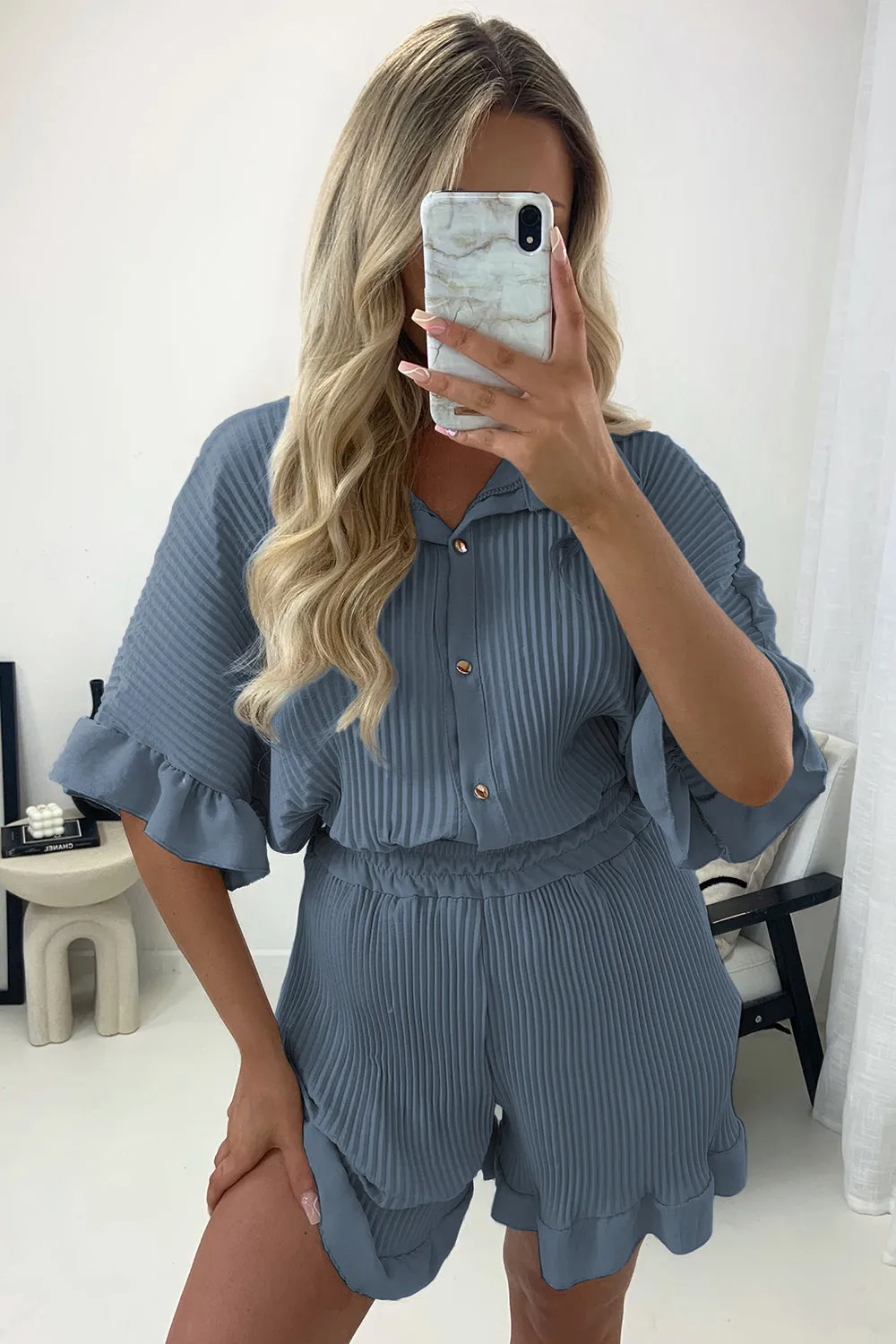 Colette Powder Blue Plisse Pleated Frill Hem Shirt and Shorts Co-Ord Set