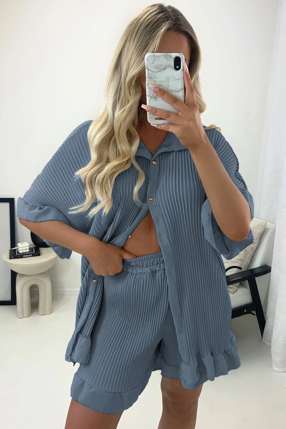 Colette Powder Blue Plisse Pleated Frill Hem Shirt and Shorts Co-Ord Set