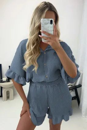 Colette Powder Blue Plisse Pleated Frill Hem Shirt and Shorts Co-Ord Set