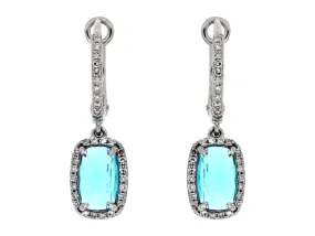 Cushion Cut Blue Topaz and Diamond Halo Drop Earrings