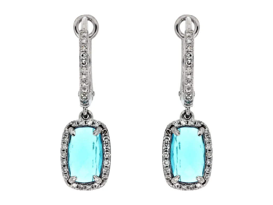 Cushion Cut Blue Topaz and Diamond Halo Drop Earrings