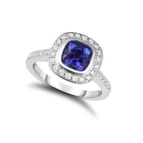 Cushion Tanzanite and Diamond Halo Ring