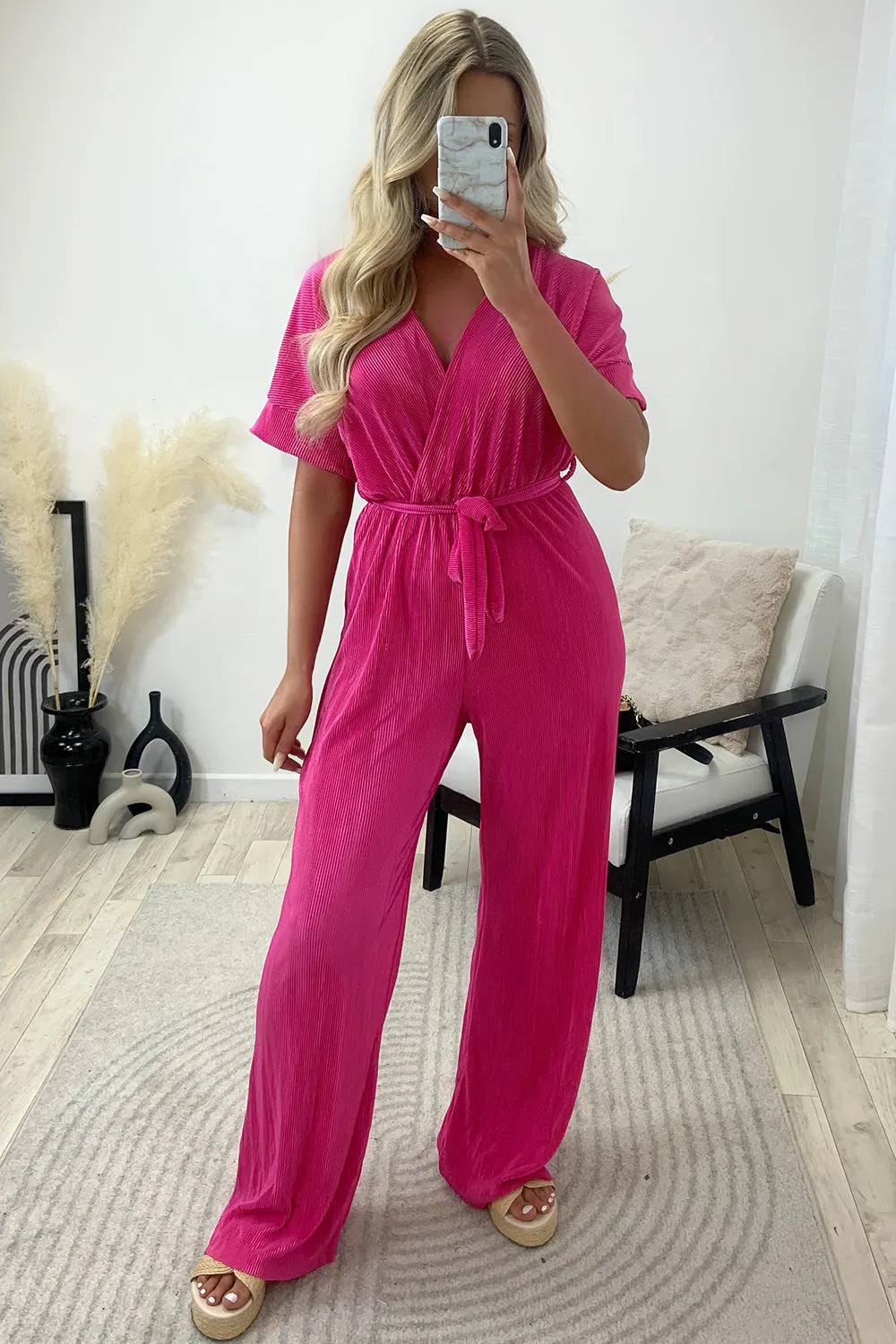 Danica Pink Tie Belt Wrap Plisse Wide Leg Jumpsuit