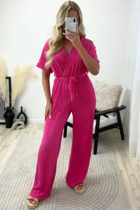 Danica Pink Tie Belt Wrap Plisse Wide Leg Jumpsuit