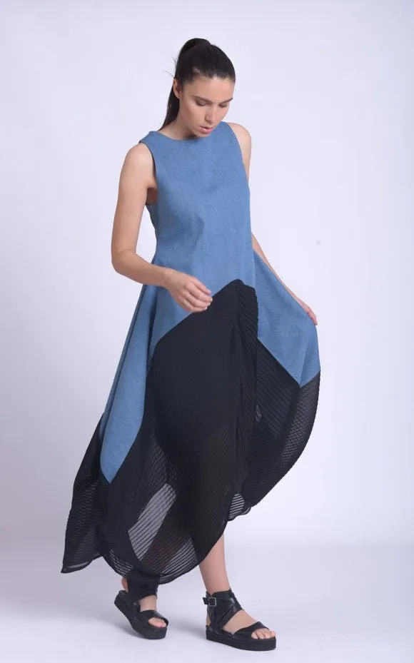 Denim Dress With Pleated Chiffon Hem