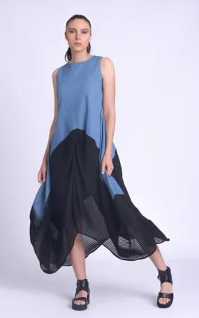 Denim Dress With Pleated Chiffon Hem