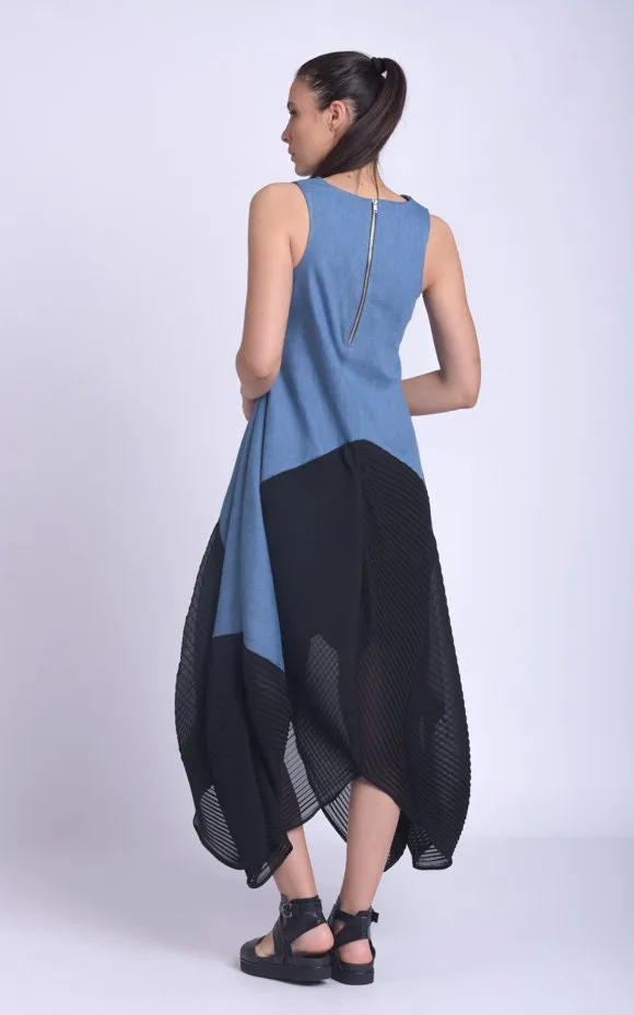 Denim Dress With Pleated Chiffon Hem