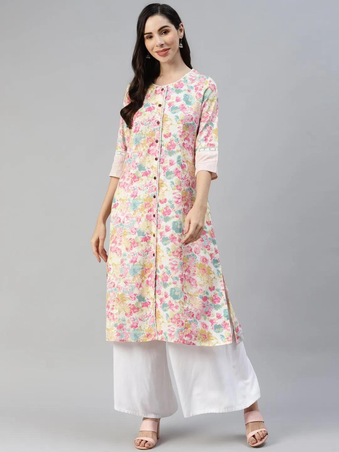 Divena Divena Multi Floral Printed Cotton Flex A-line Kurta