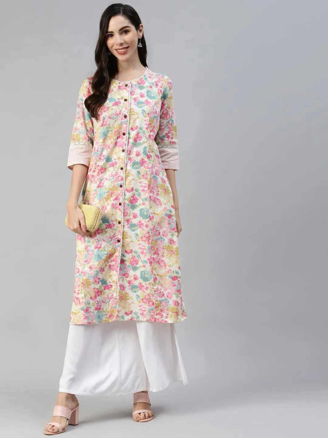 Divena Divena Multi Floral Printed Cotton Flex A-line Kurta