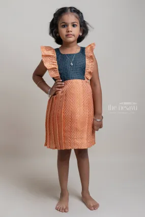 Elegant Navy Checked Yoke & Classic Beige Brocade Creation Resham Pleated Elegance for Girls.