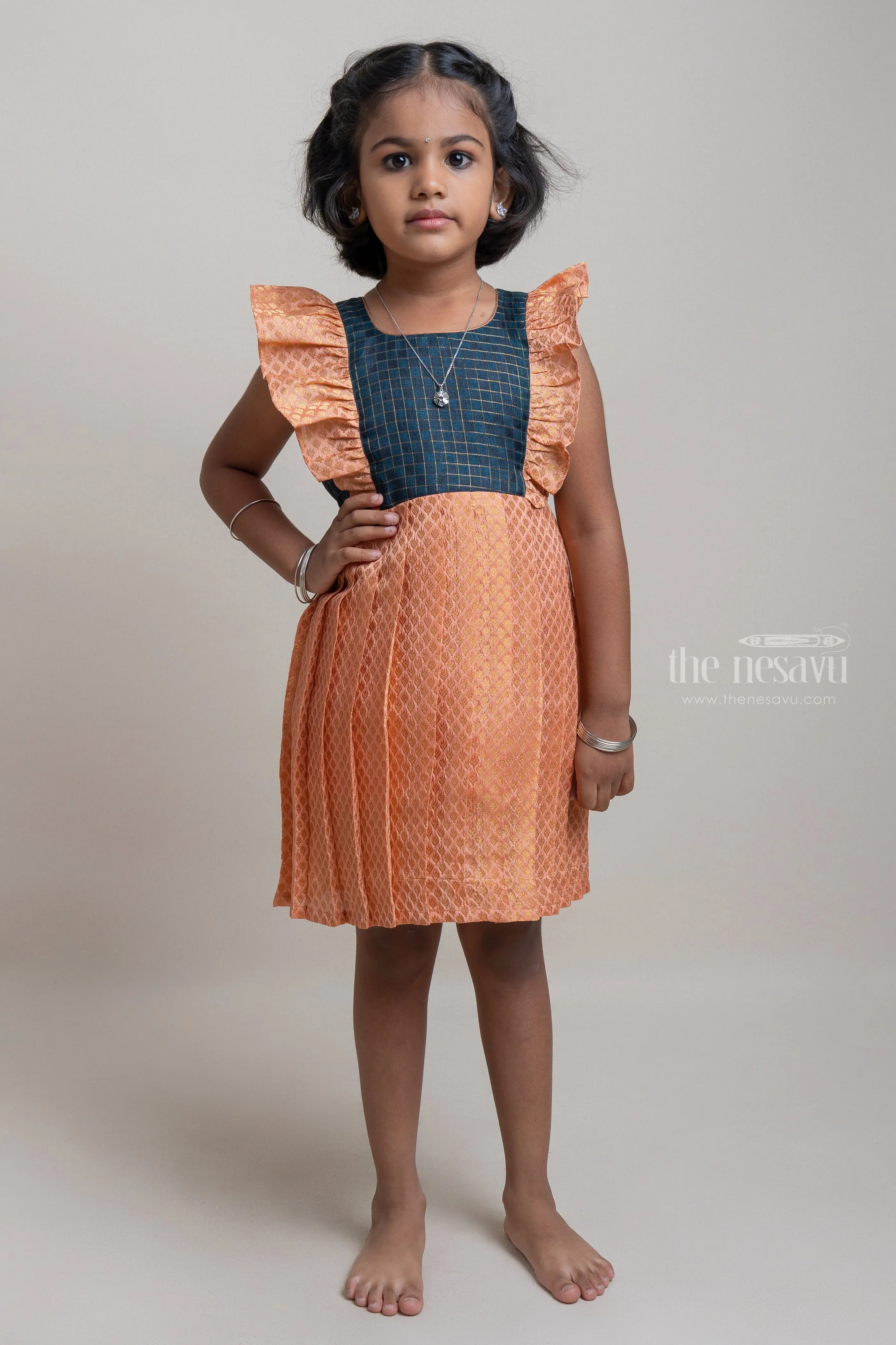 Elegant Navy Checked Yoke & Classic Beige Brocade Creation Resham Pleated Elegance for Girls.