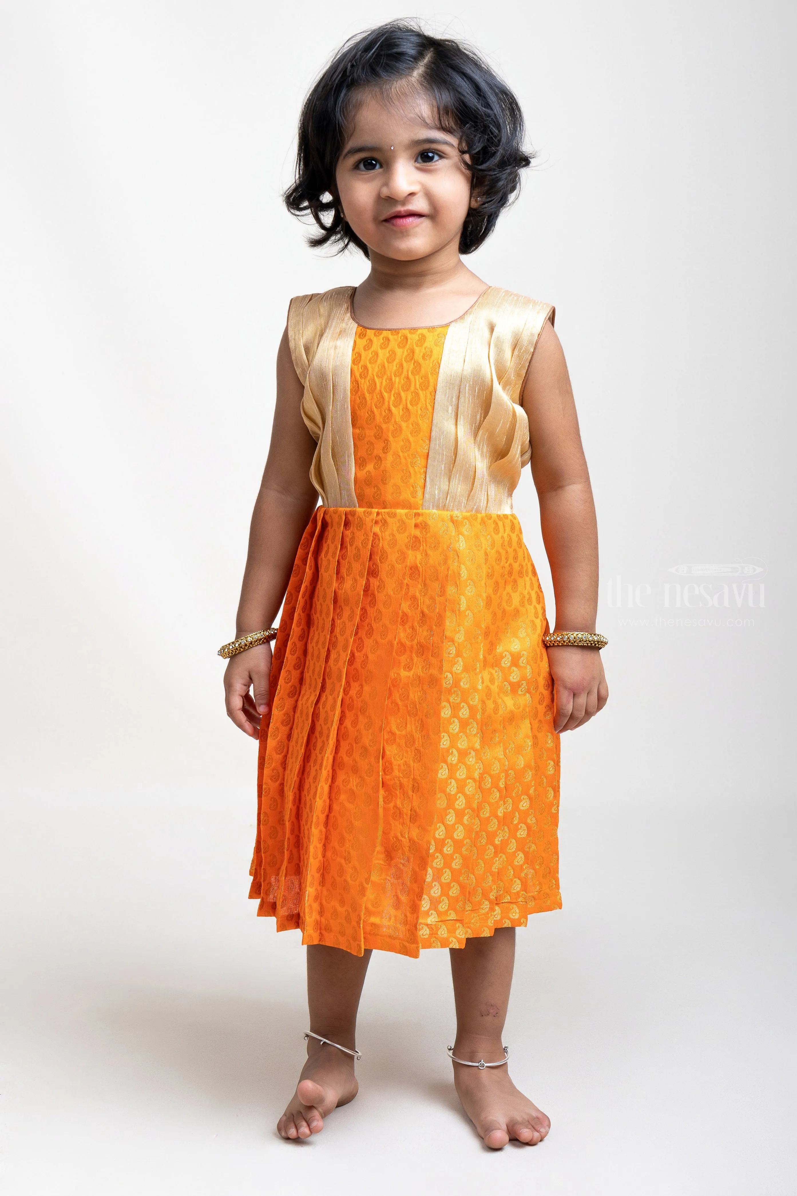 Elegant Orange Pleated Semi-Silk with Beige Pleated Yoke Frock For Girls