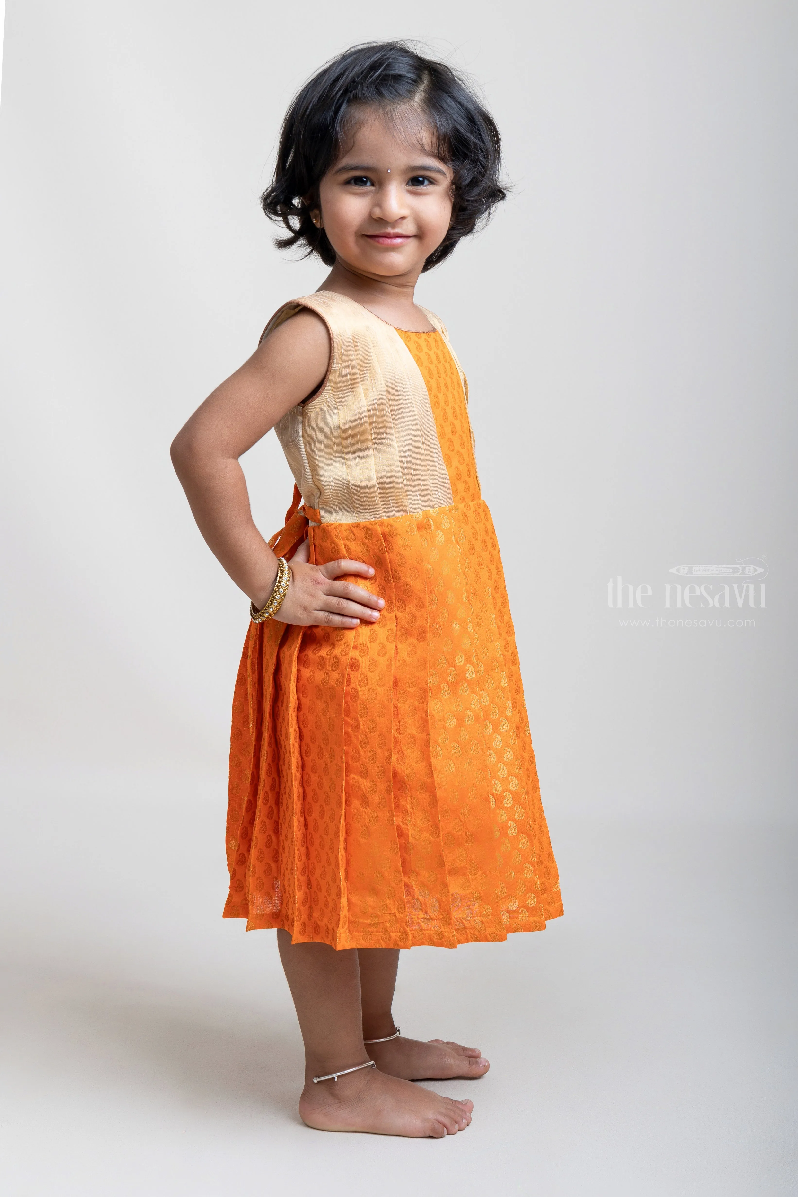 Elegant Orange Pleated Semi-Silk with Beige Pleated Yoke Frock For Girls