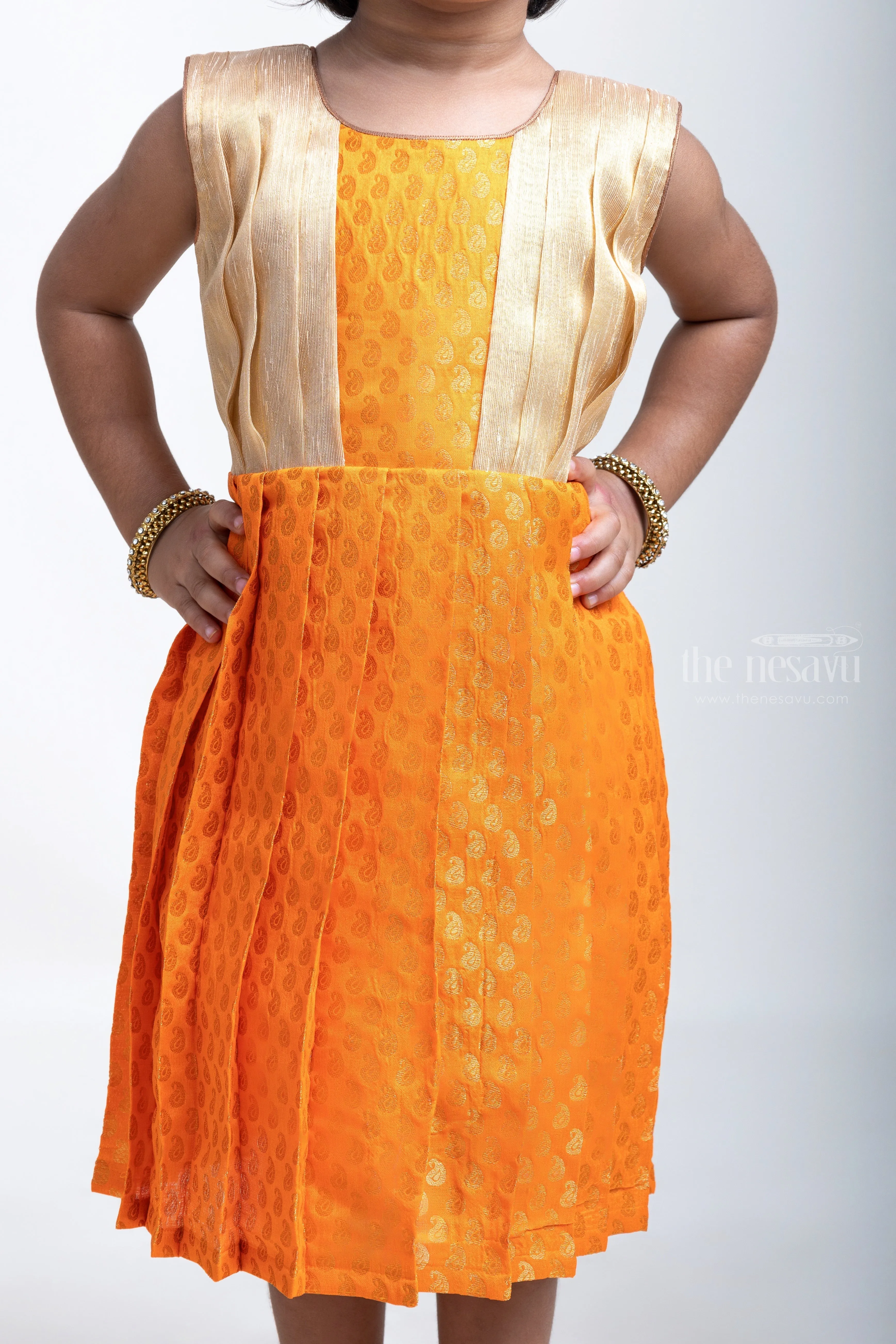 Elegant Orange Pleated Semi-Silk with Beige Pleated Yoke Frock For Girls