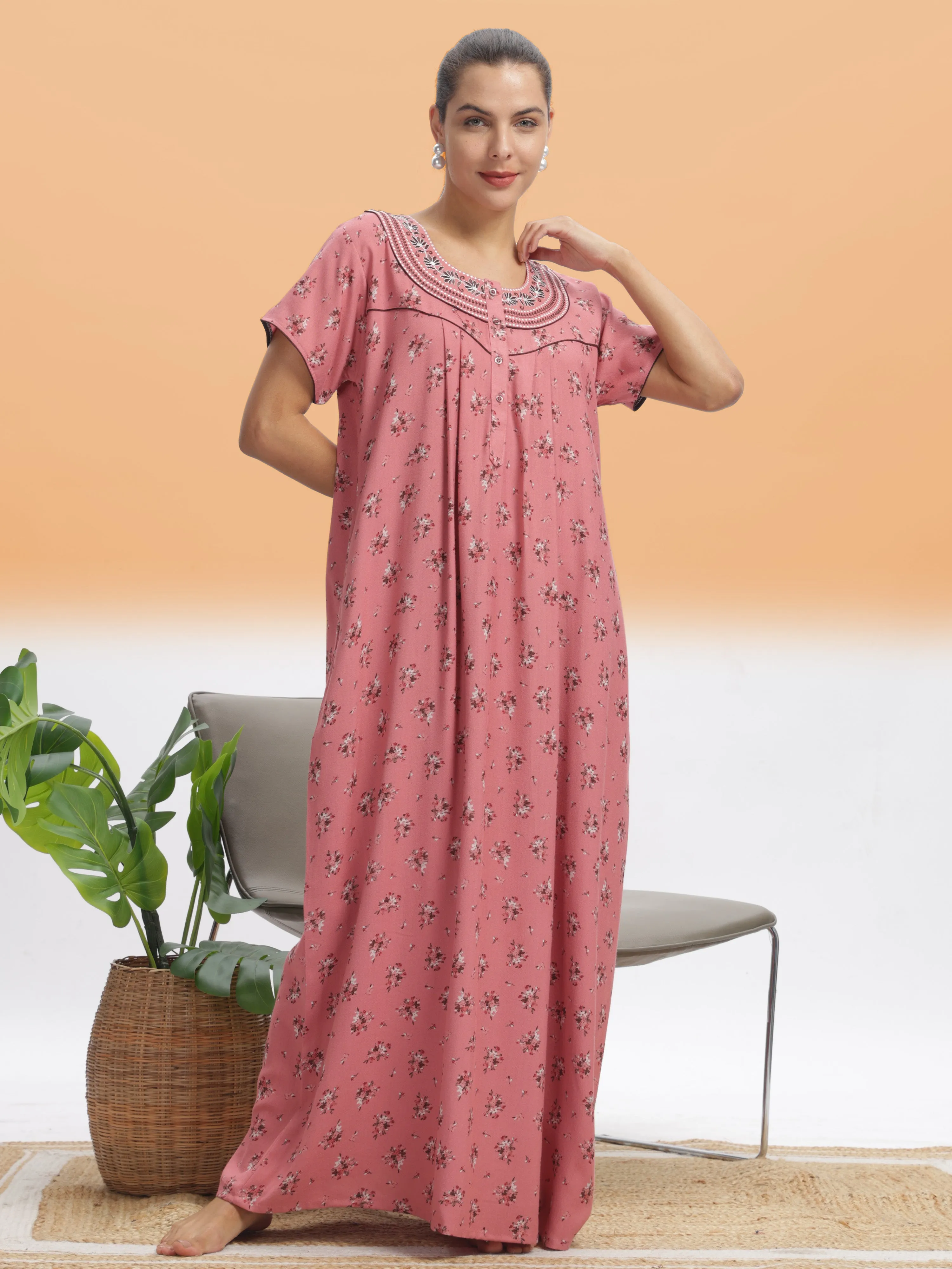 Elegant Peach Blossom Alpine Maxi Nighty - Luxurious Comfort & Style