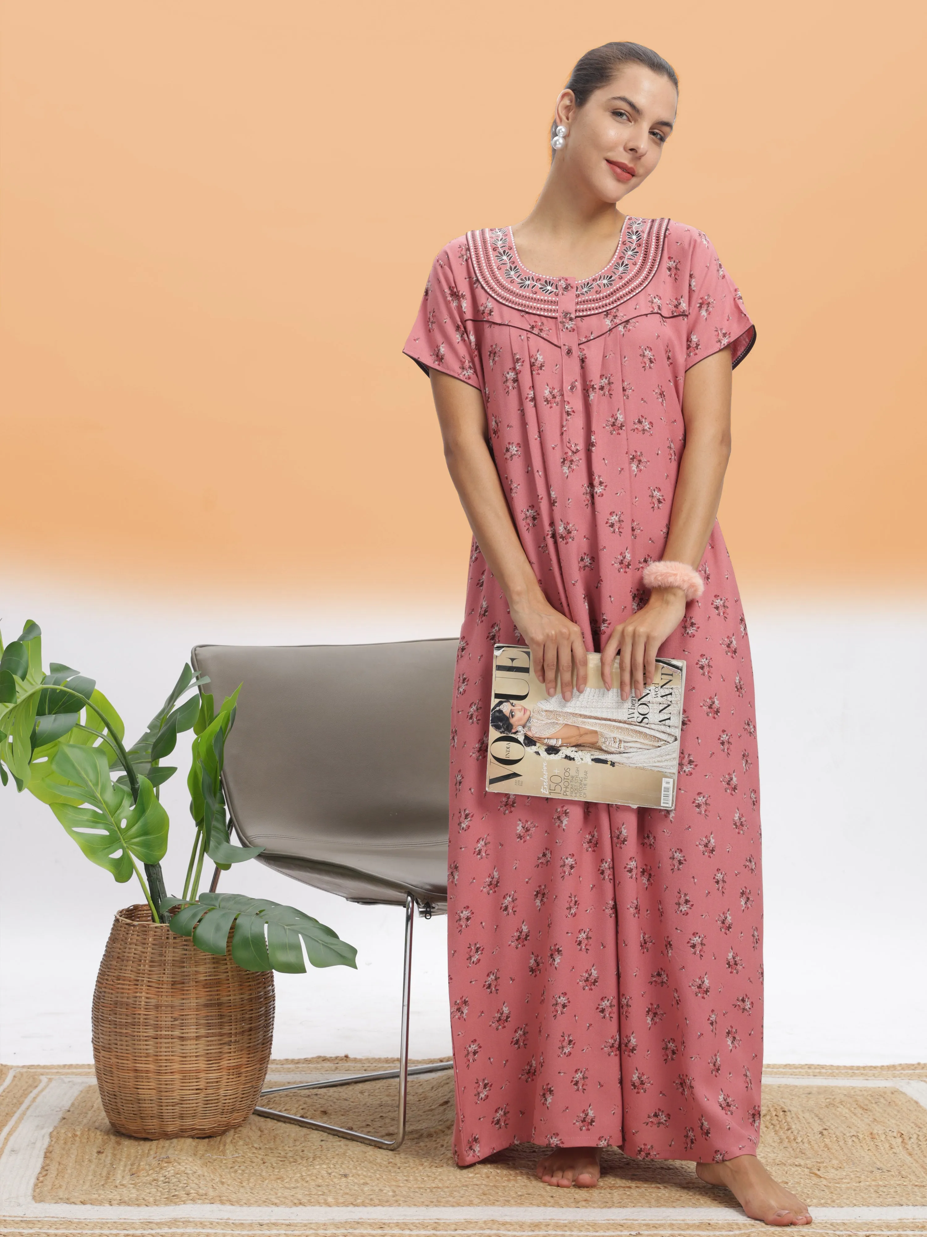 Elegant Peach Blossom Alpine Maxi Nighty - Luxurious Comfort & Style