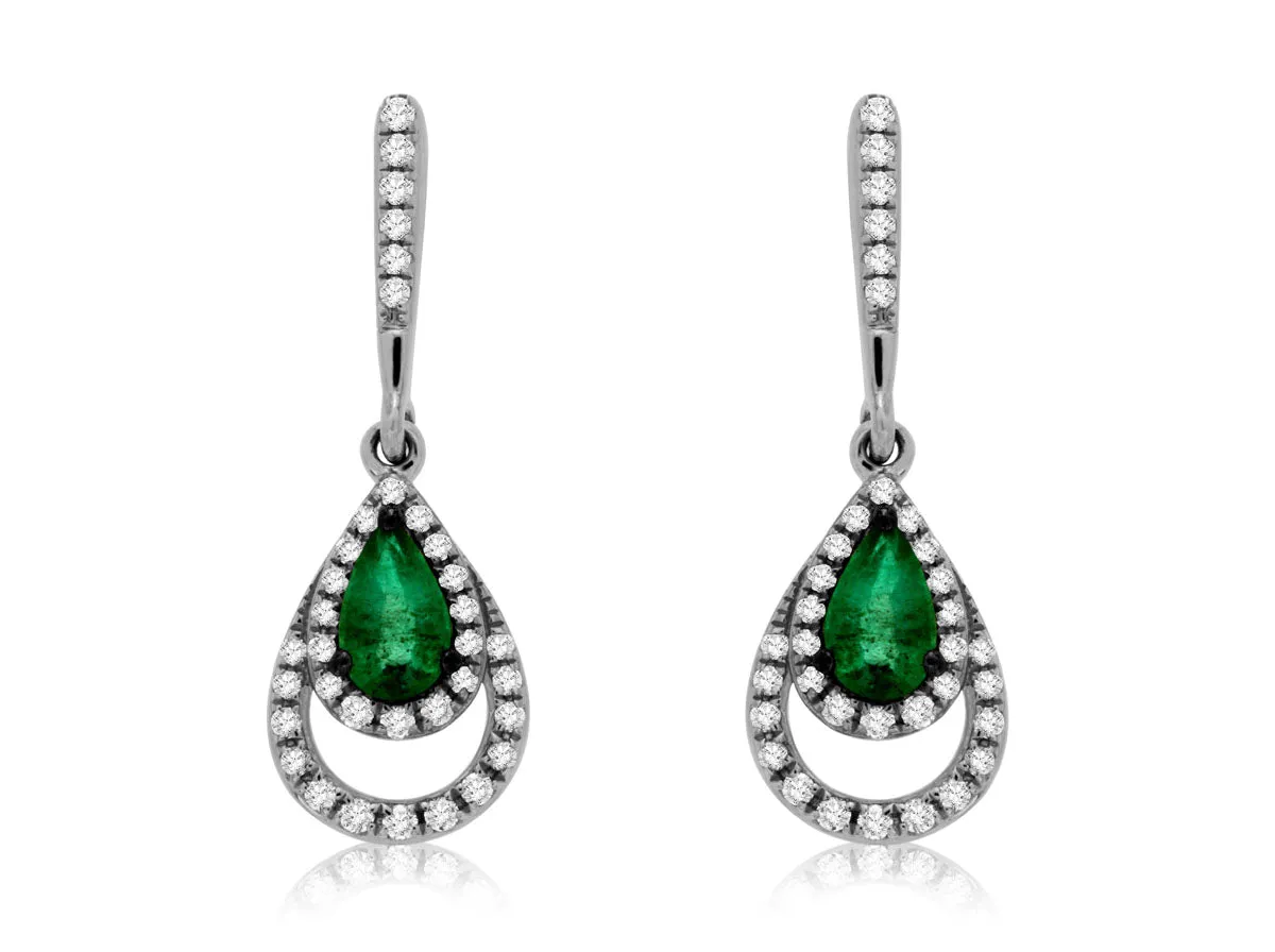 Emerald and Diamond Double Halo Dangle Earrings