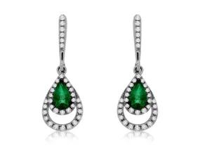 Emerald and Diamond Double Halo Dangle Earrings