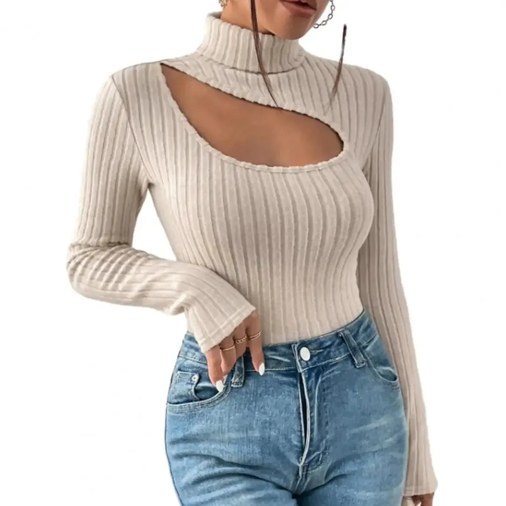 Fall Winter Hollow Out Collar Striped Knitted Elastic Slim Fit Blouse