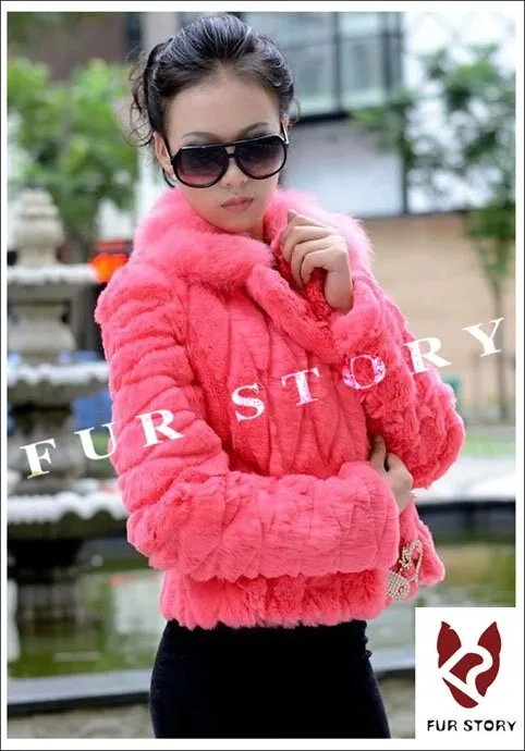 Genuine Fur Coat Real Rabbit Fur Coat with Fox Fur Collar Overcoat Jacket Ladies' Garment Elegant 6 Colors FS010133