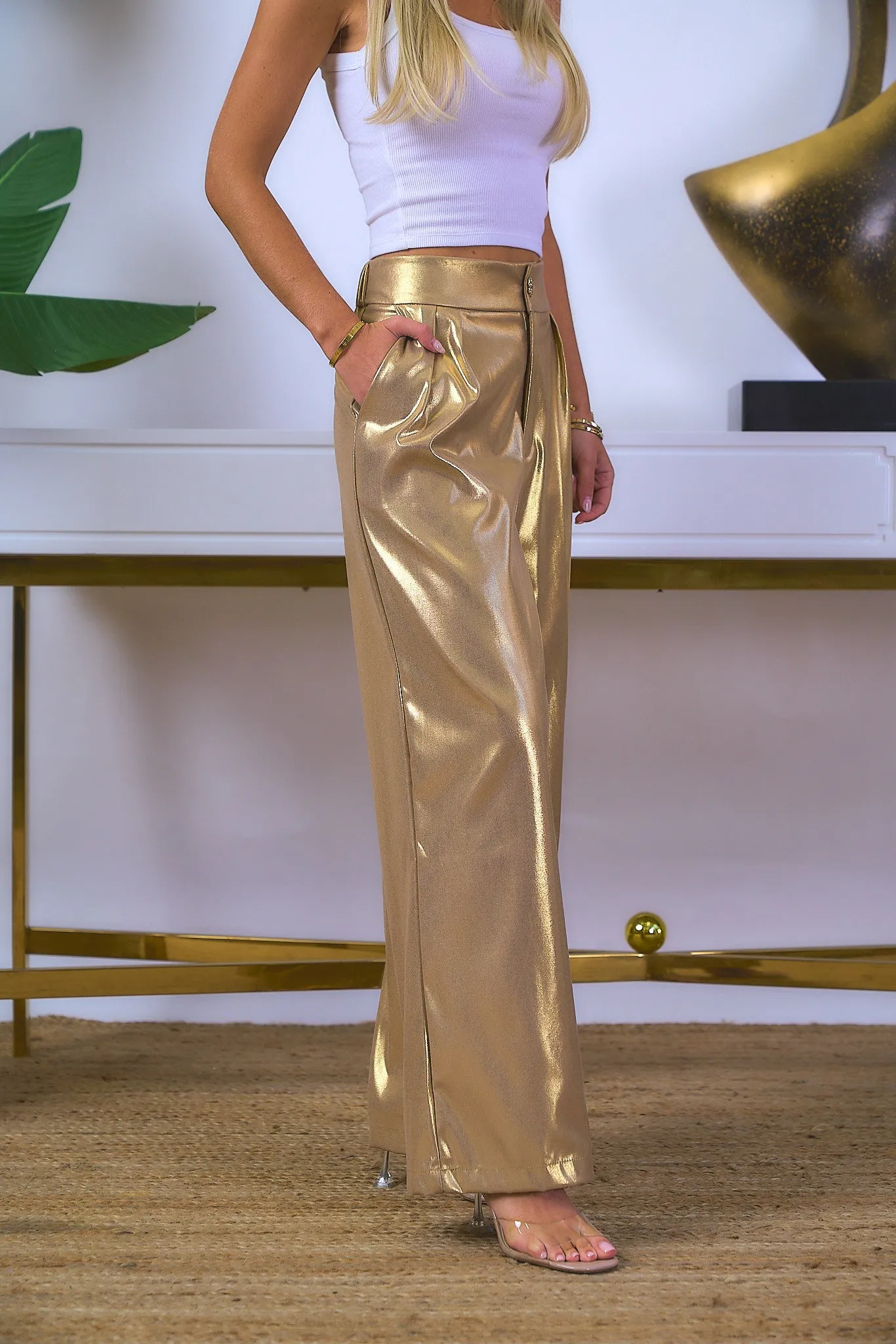 Golden Metallic Wide Leg Pants