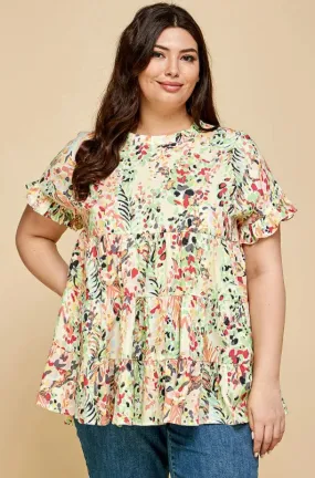 GREEN MULTICOLORED FLORAL RUFFLE SLEEVE BABY DOLL TOP