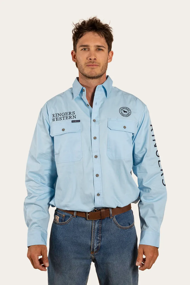 Hawkeye Mens Full Button Work Shirt - Sky Blue/Navy