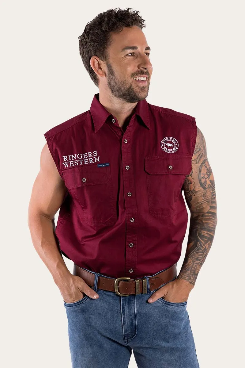 Hawkeye Mens Sleeveless Work Shirt - Burgundy/White